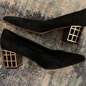 Brian Atwood Black Heels with Gold Block Design